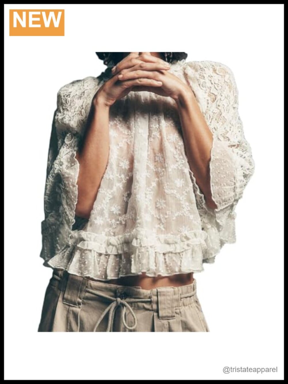 Women's Sheer Mesh Lace Top Long Sleeve Crew Neck Ruffle Blouse Flowy Boho